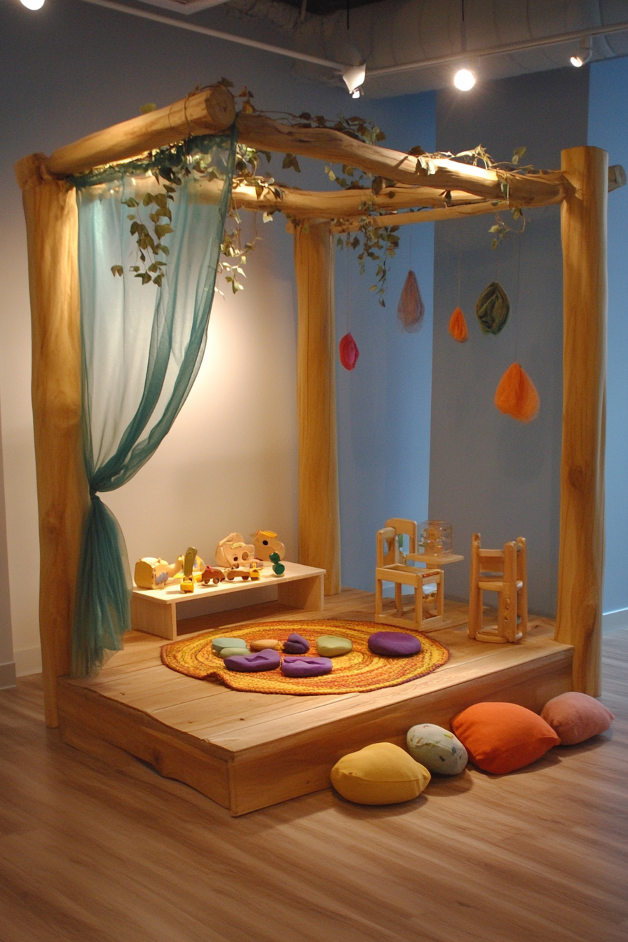 Play area. Silk canopy over natural wooden toy display.