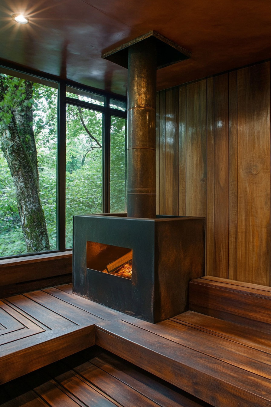 Sauna room design. Bronze wood-burning stove with cedar tiered benches.