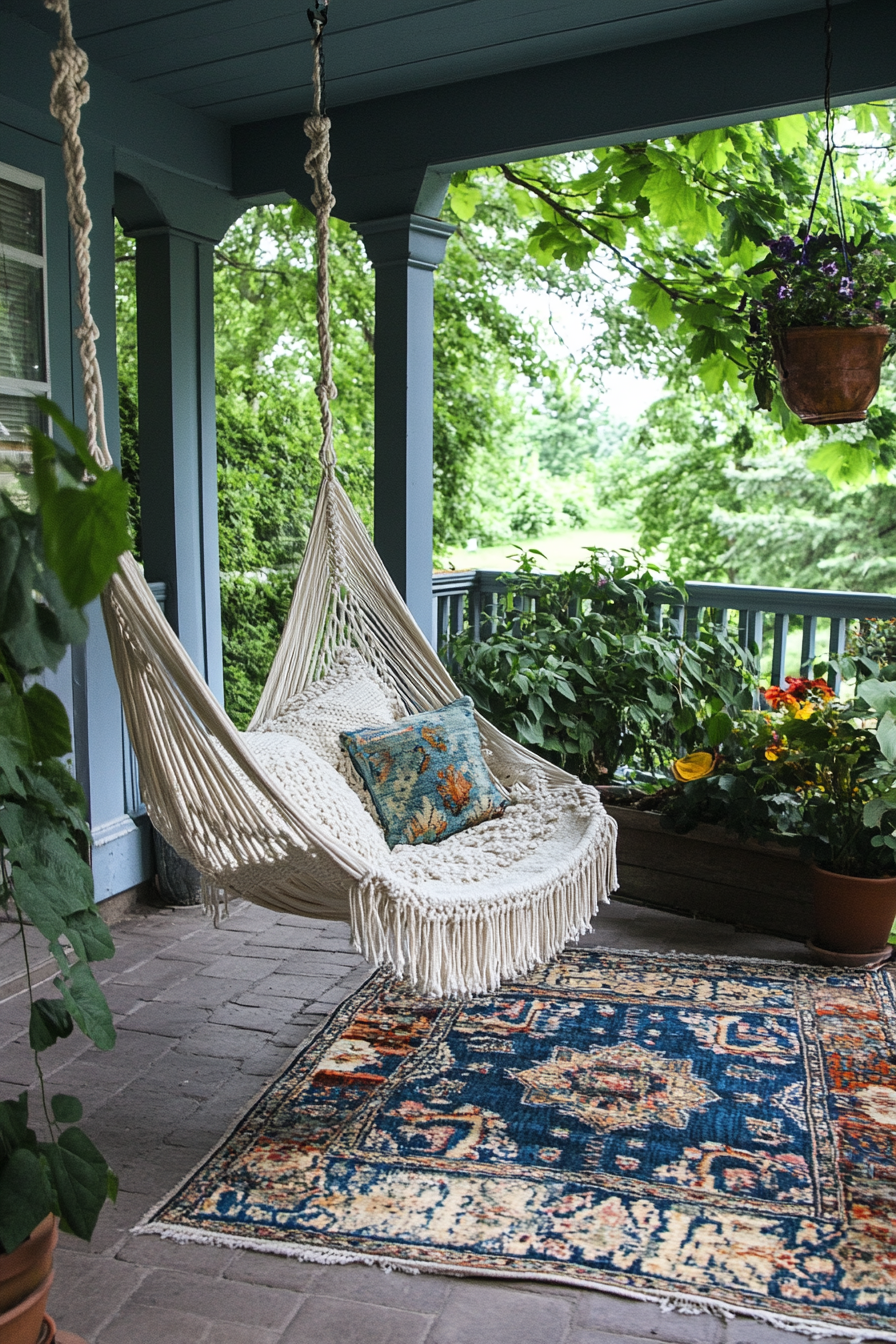 Bohemian patio. Off-white macramé hanging chair with indigo kilim rug.