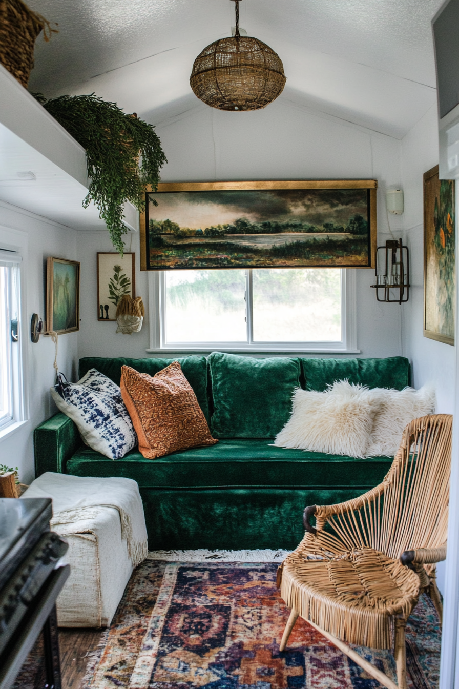 Bohemian tiny home upper level design. Velvet emerald sofa with an antiquated rattan chair.