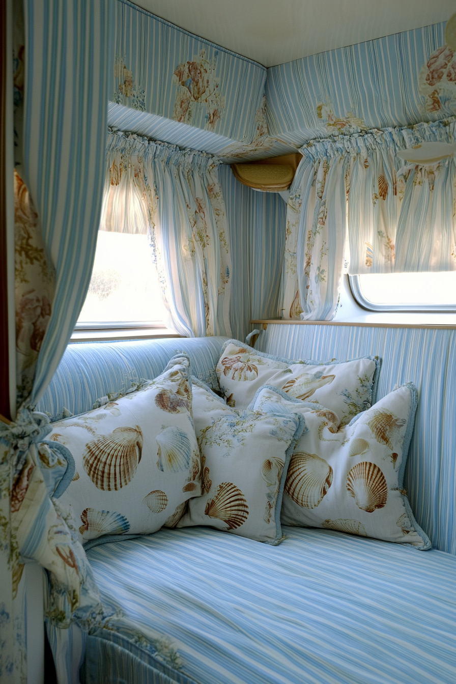 Camper Design. Powder blue stripes with shell printed chintz curtains.