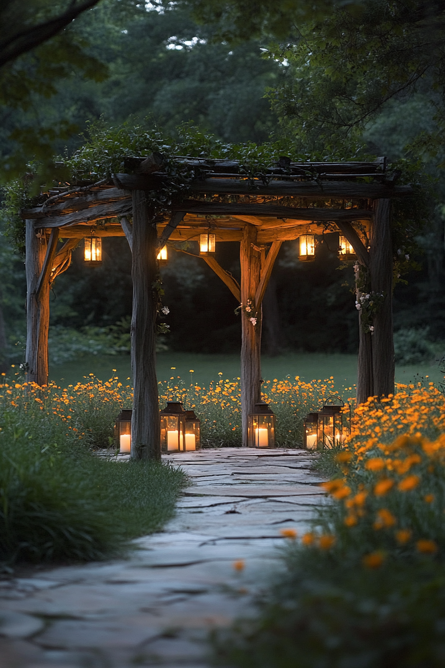 Outdoor space. Lantern-lit pergola surrounded by wildflowers.