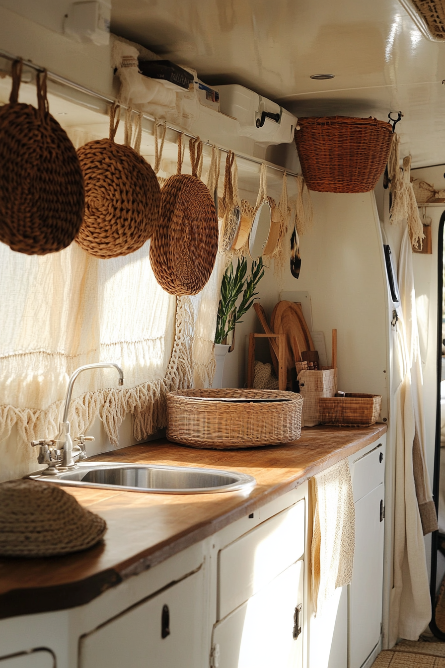 Bohemian camper kitchen. Rattan storage baskets hanging from macramé fixtures.