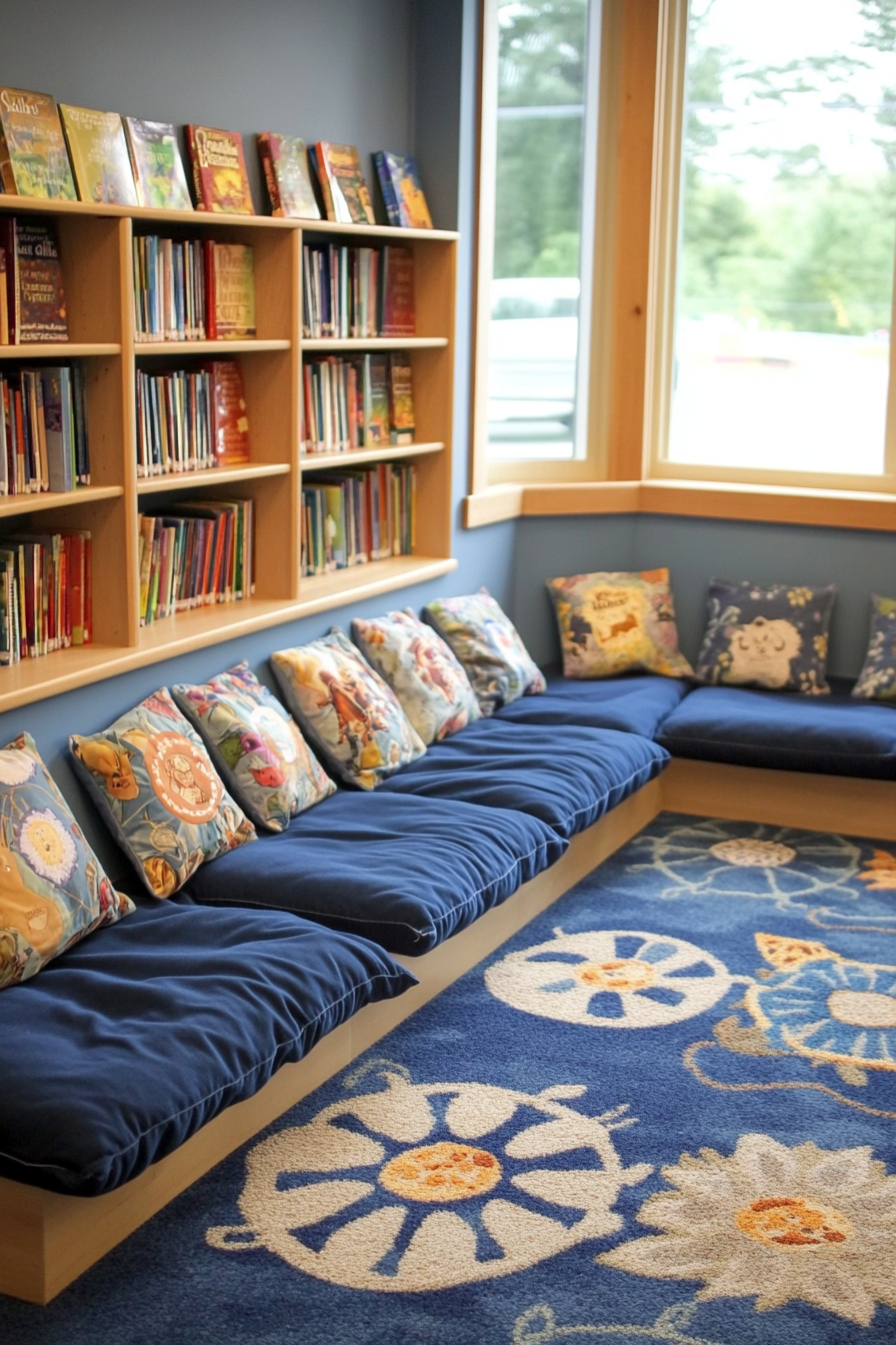 Child-sized library concept. Denim floor cushions with front-facing bookshelf.