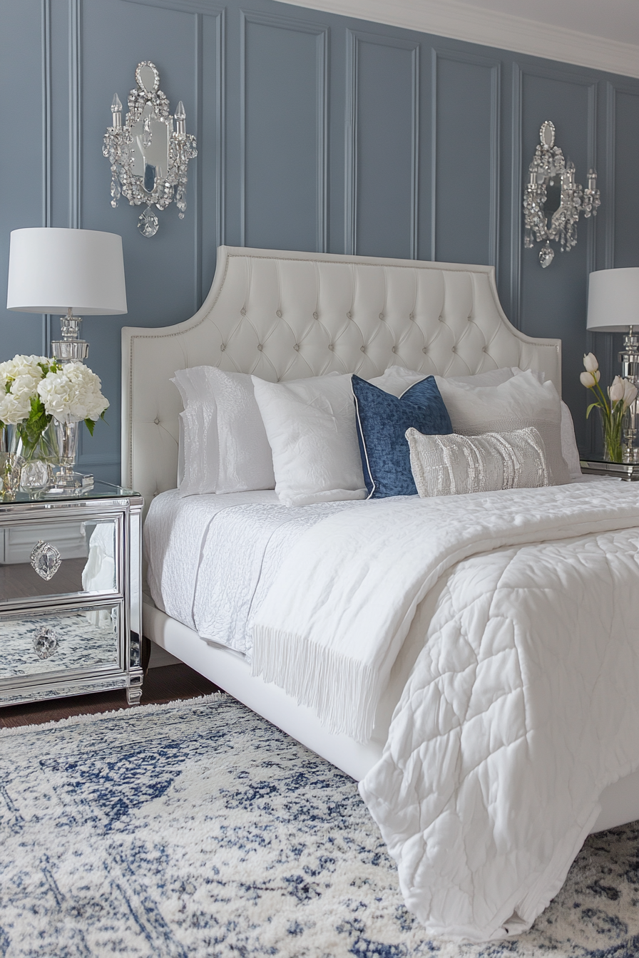 Luxury sleeping space. White geometric headboard, mirrored nightstands, crystal sconces.