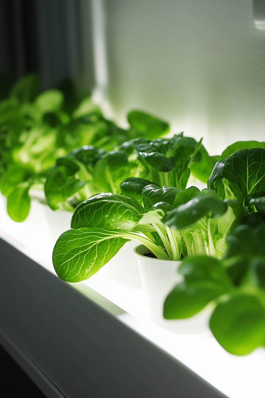 Wall-mounted nutrient film technique system. Bok choy on white wooden frame with bright grow lights.