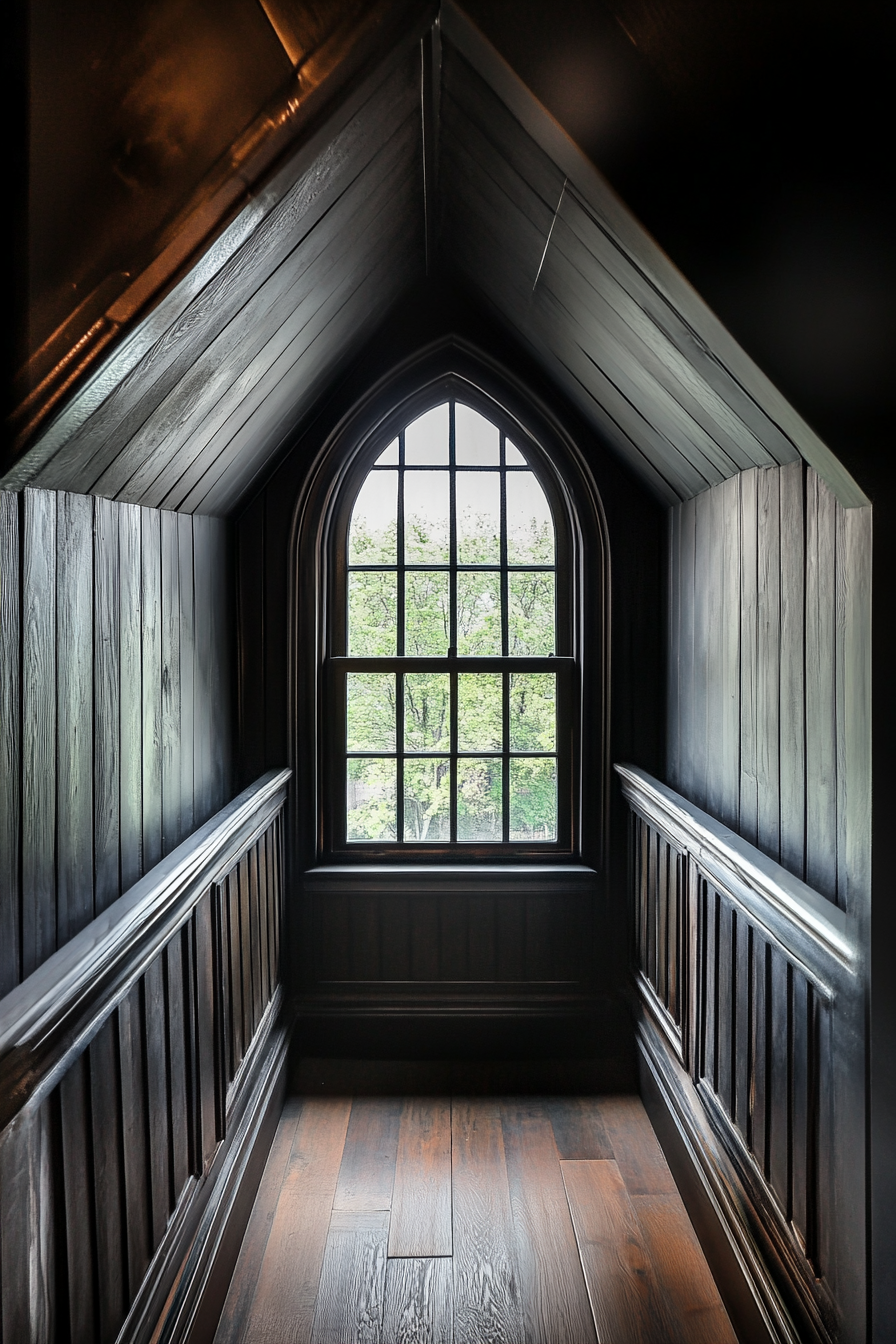 Micro living idea. Pointed arch window in a dark wood paneled micro loft.