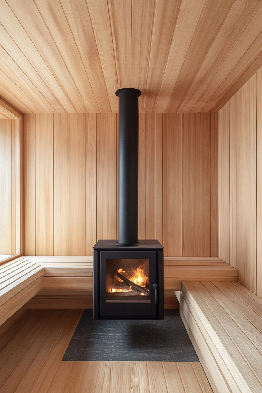 Sauna room design. Wood-burning stove in cedar bench-fitted space.