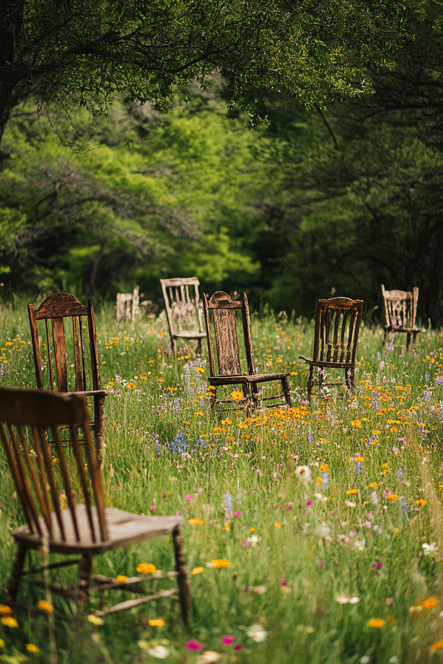 Outdoor space. Wildflower meadow with scattered antique wooden chairs.