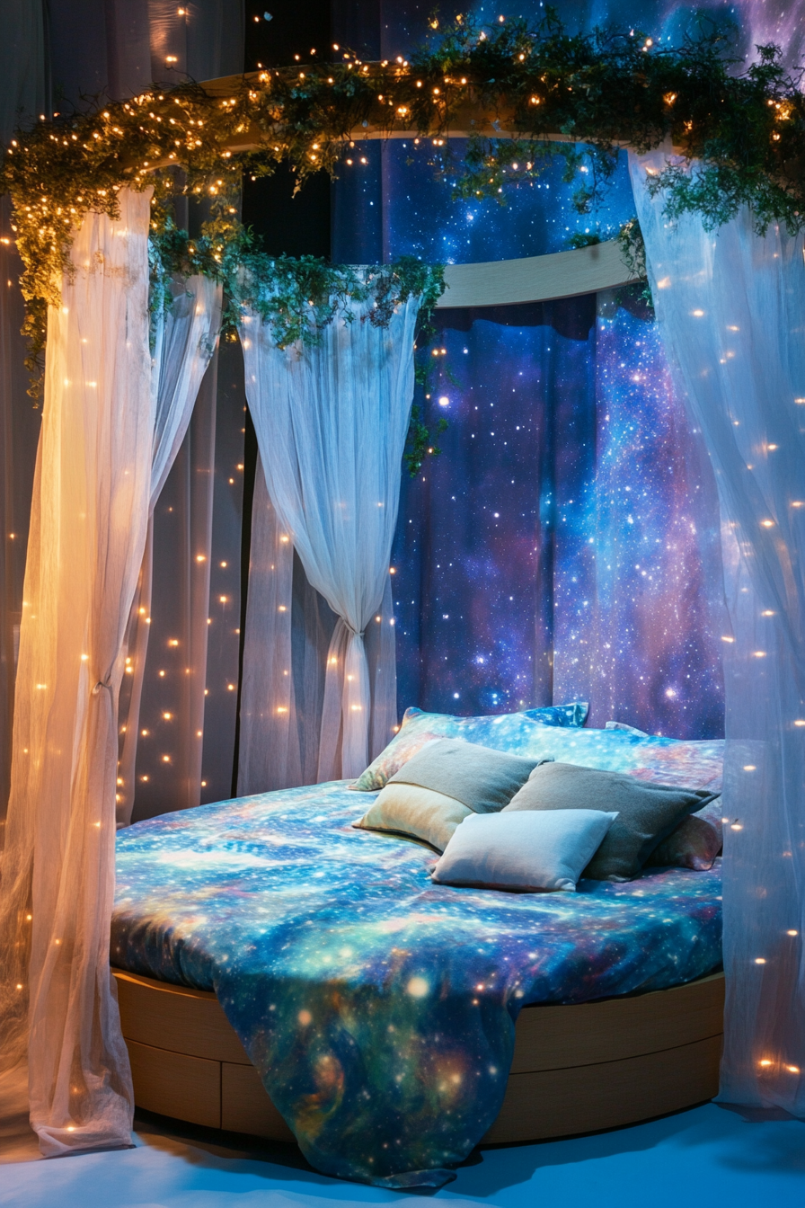 Sleep space concept. Retractable silhouette roof, circular nebula watercolor-patterned bed.