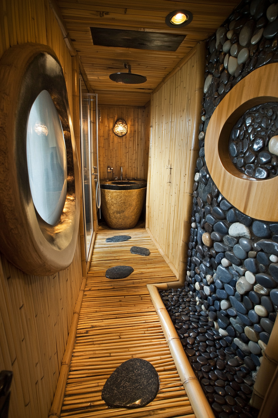 Tiny eco-bathroom concept. Bamboo flooring and river rock shower walls.