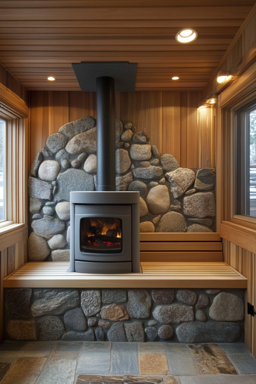 Sauna room design. Wood-burning stove with stone surround and cedar tiered benches.