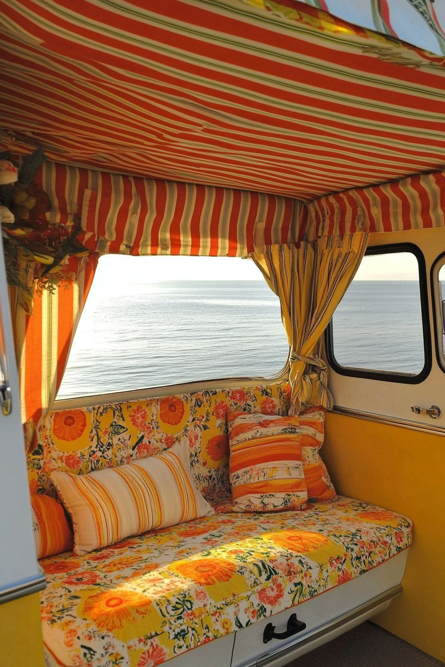 Camper design. Striped awnings with matching chintz seaside-inspired upholstery.