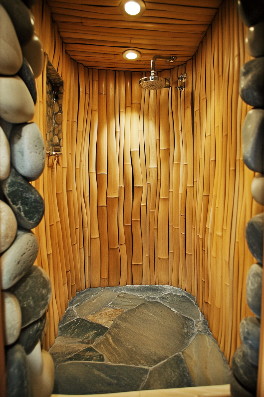 Tiny Eco-bathroom concept. Bamboo shower walls with smoothed river rock flooring.