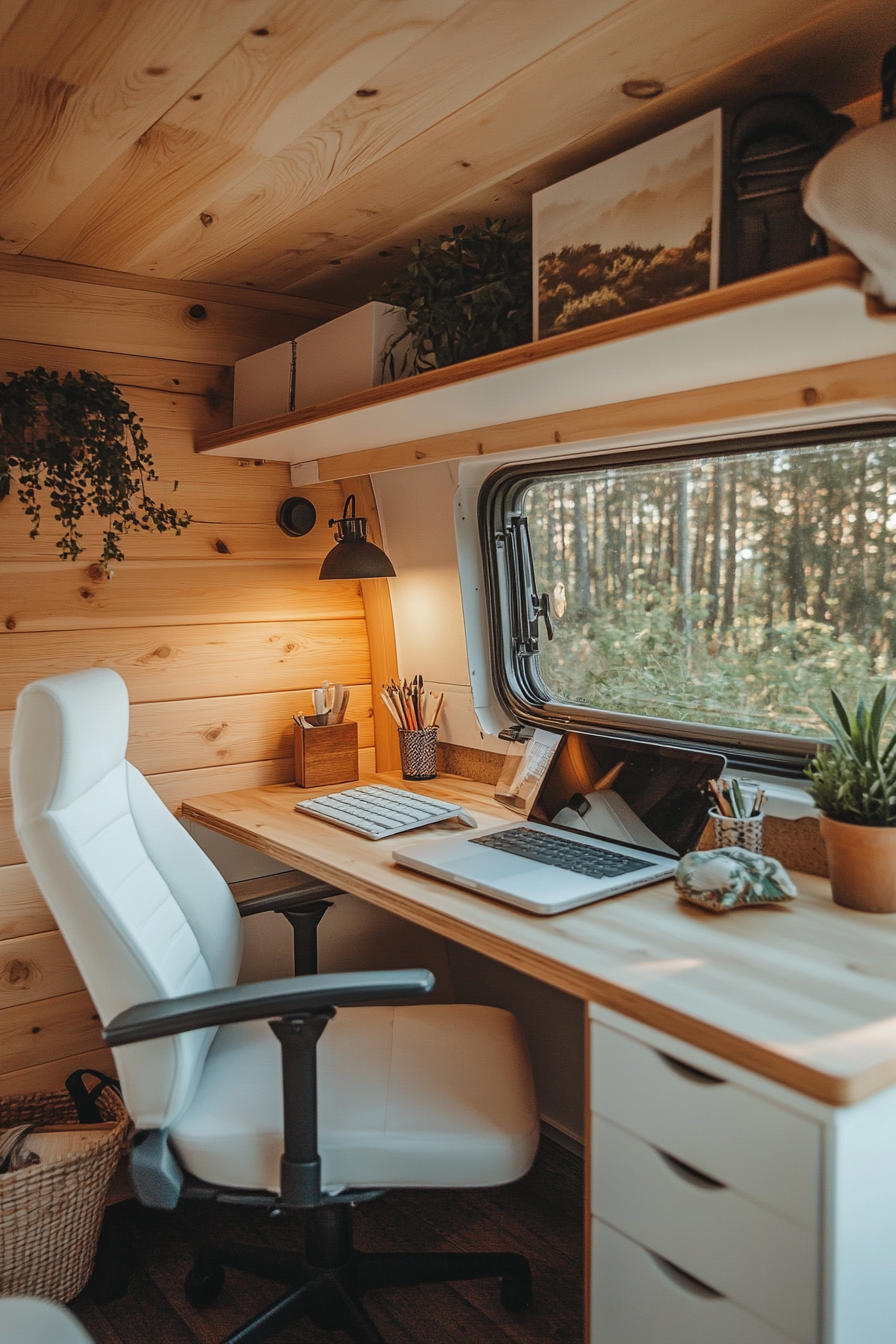 Remote work camper interior. Plywood desk with white ergonomic chair.