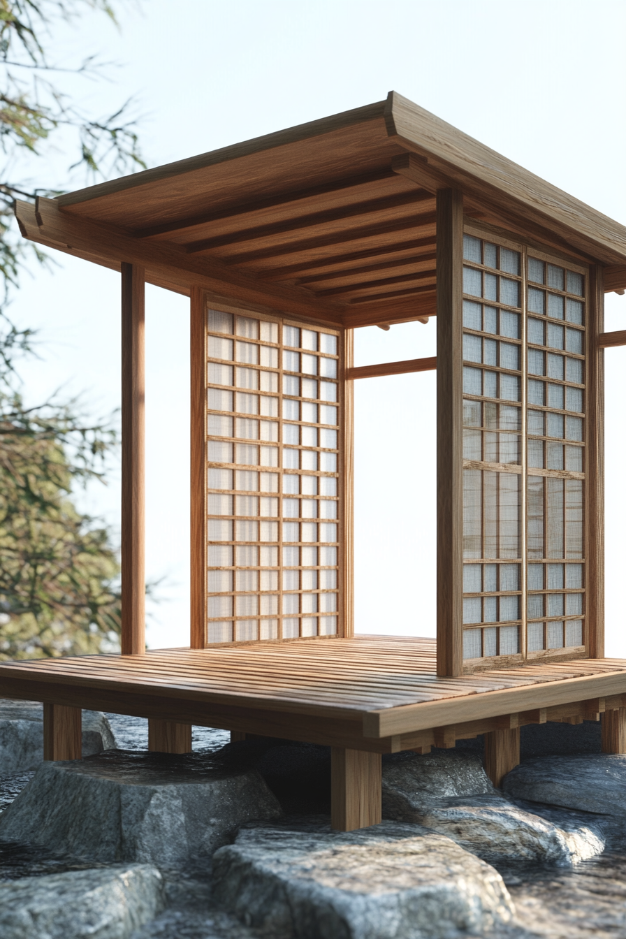 Zen camp concept. Elevated wooden platform with traditional sliding Shoji Screen.