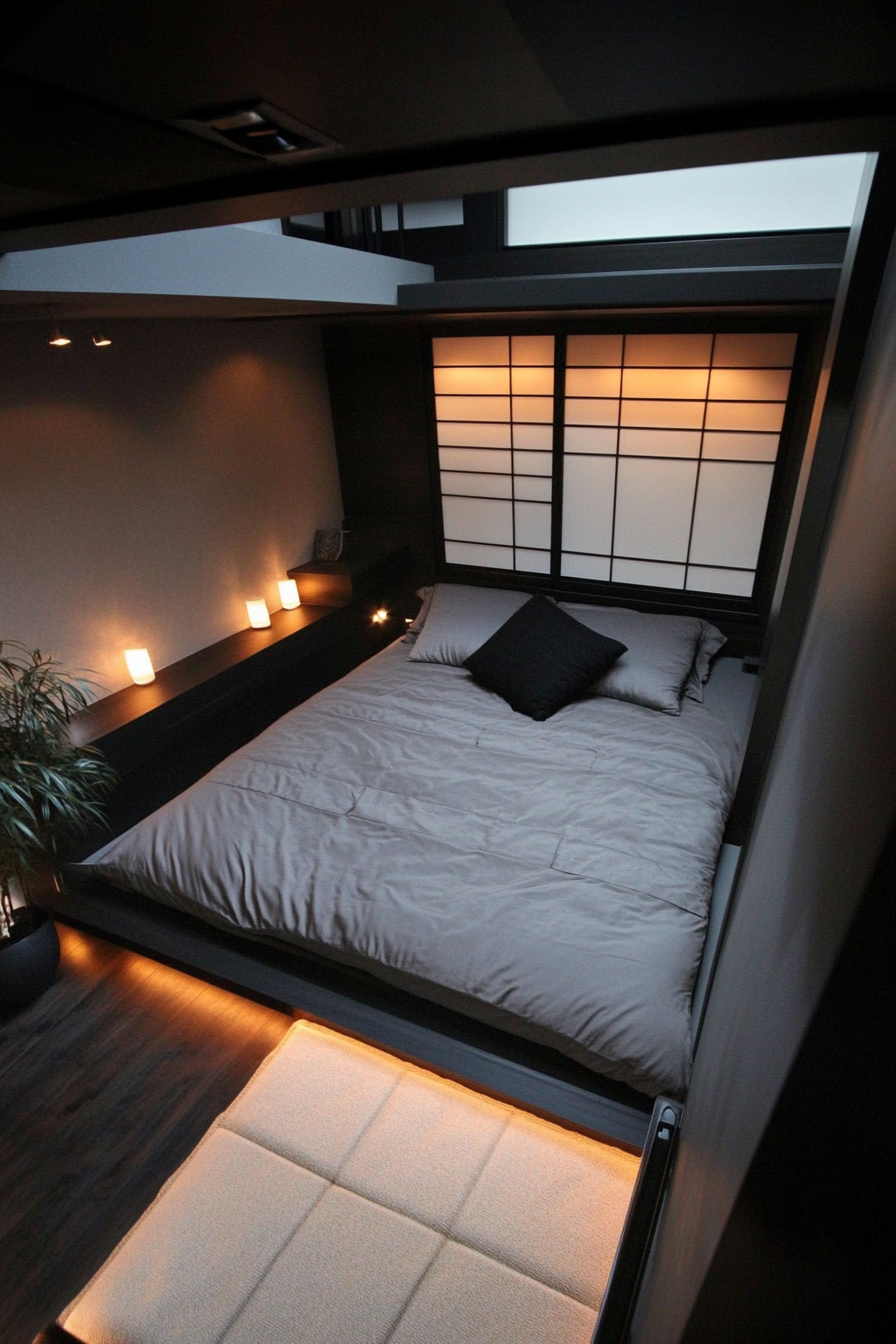 Micro Bedroom Design. Charcoal gray tatami with matching futon.