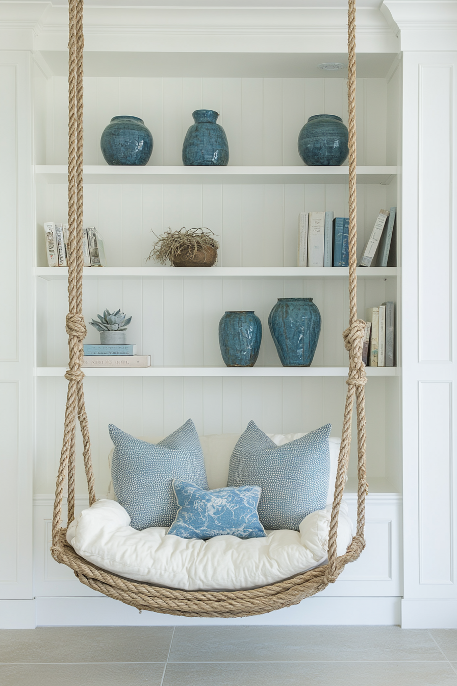 Reading sanctuary. White shelves with blue vases, rope swing chair.