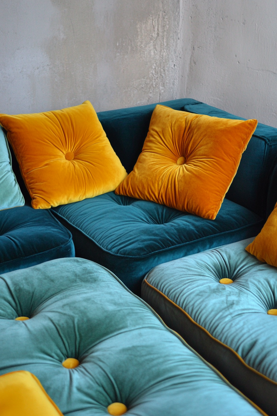 Tiny home decor. Teal modular sofa with yellow velvet cushions.