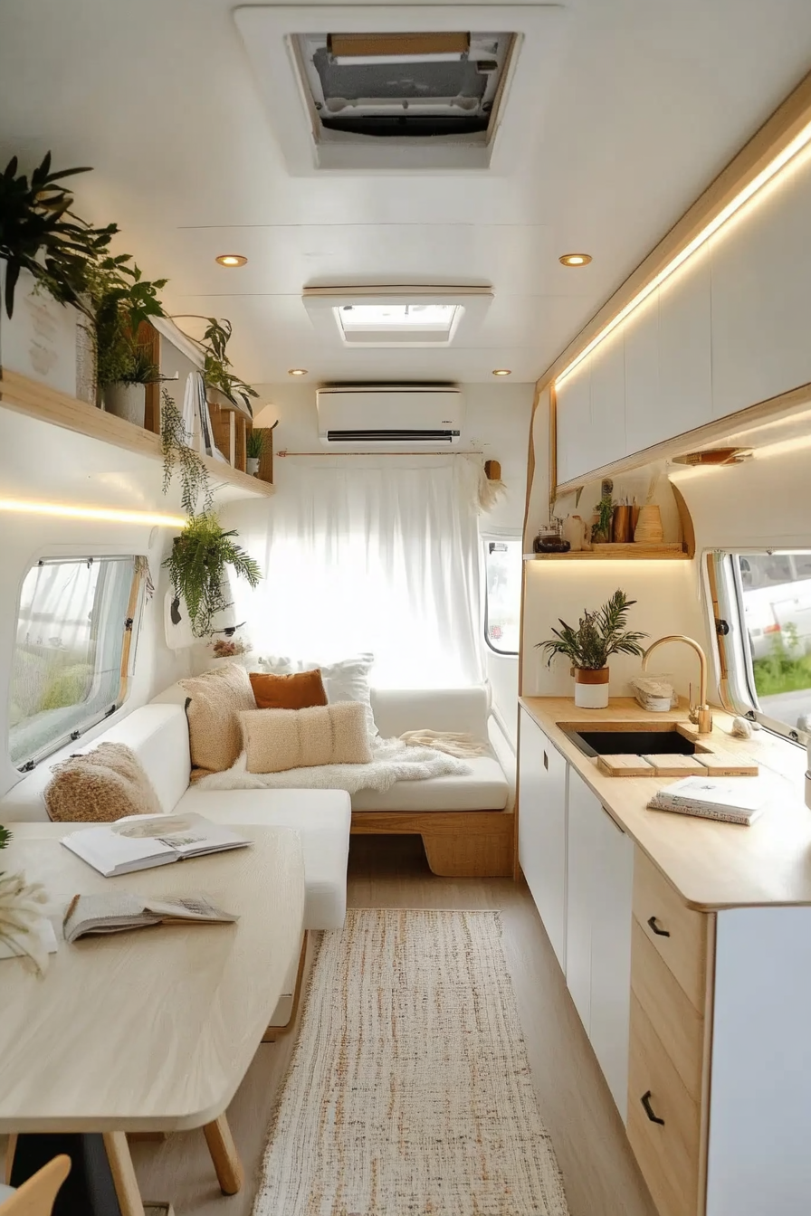 Remote work camper interior. Sleek white cabinets with plywood trim.