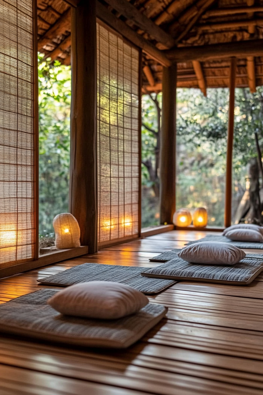 Elevated platform Zen camp. Bamboo flooring with oil lanterns behind sliding Shoji screens.