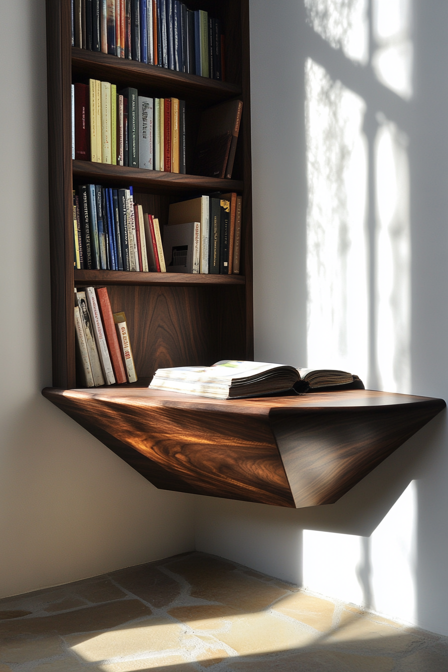 Floating bench concept. Dark walnut seat with hidden bookshelves in a sunlight-filled alcove.