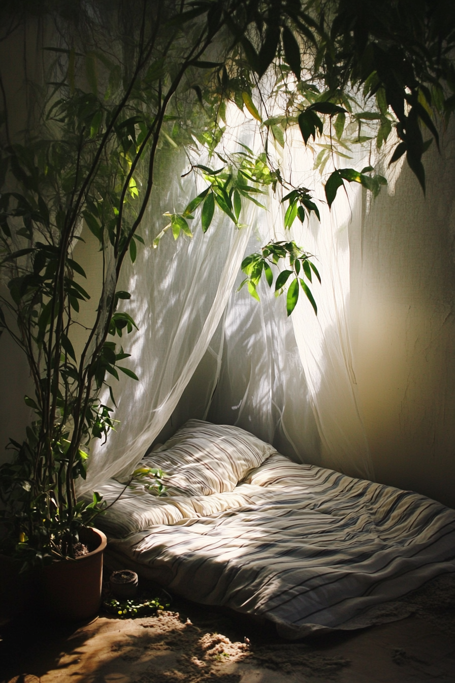 Sleeping nook. Striped mosquito net drapes with clustered bamboo plants.