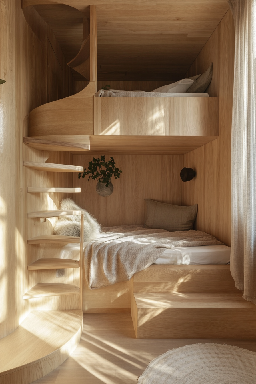 Micro living concept. Spiral staircase connecting wooden panoramic loft bedroom.