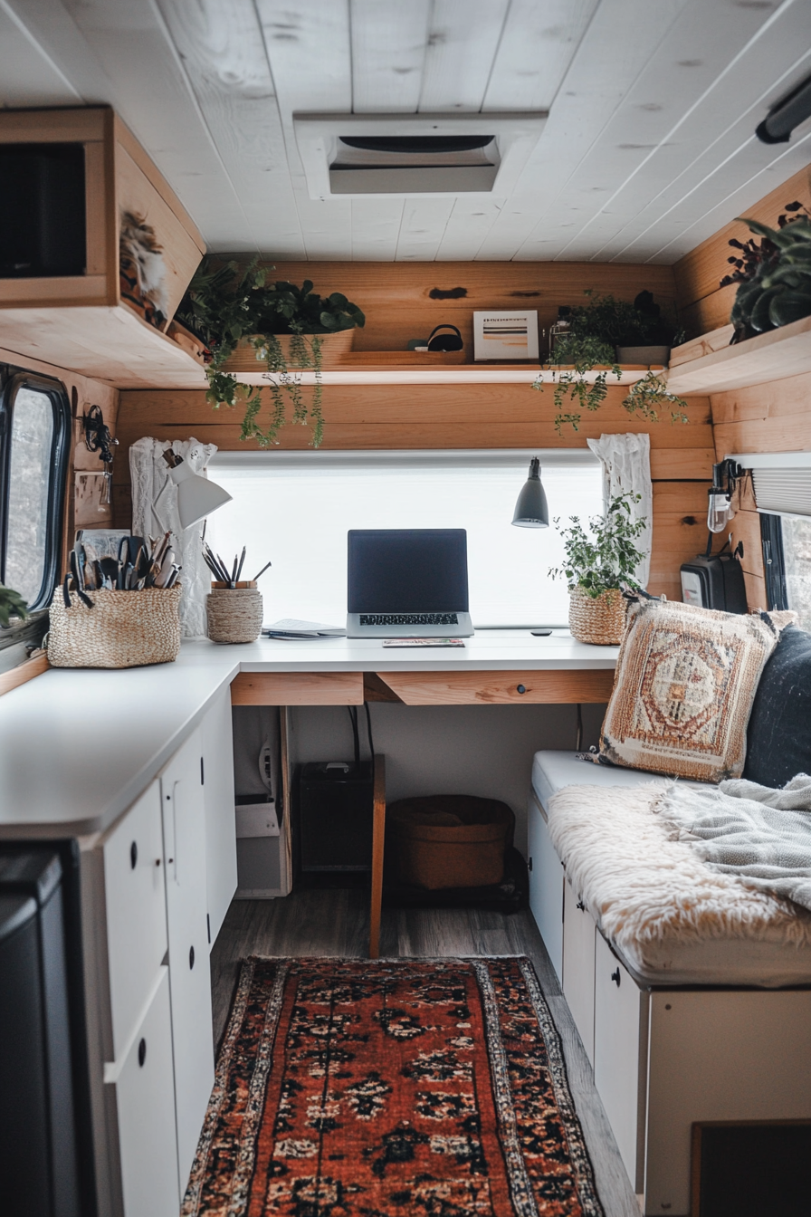 Remote work camper interior. White desk and plywood cabinets.