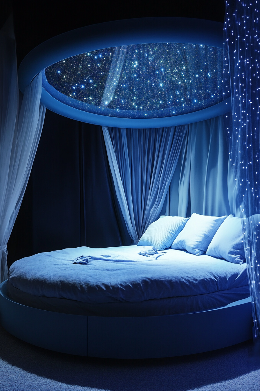 Sleep space concept. Blue retractable roof and circular star-gazing bed.