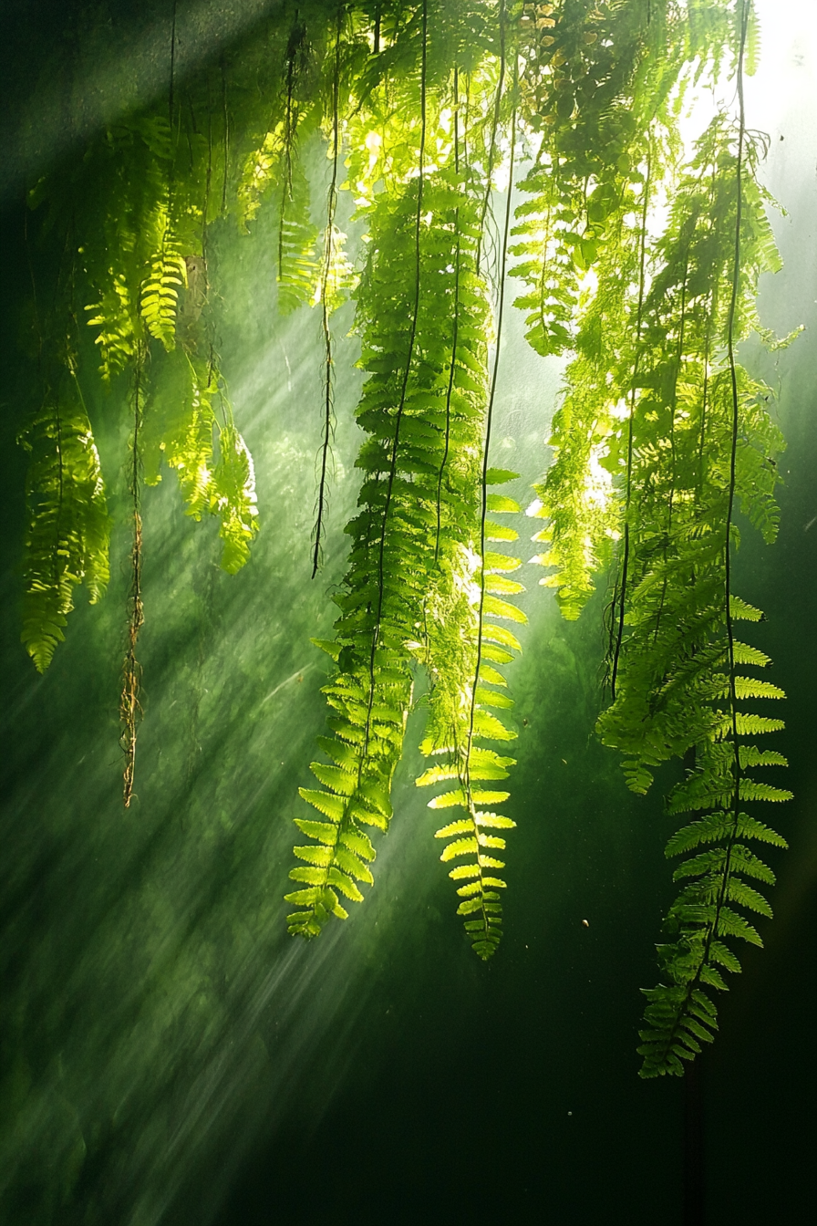 Living wall. Fern suspension, hydroponics, mellow morning sunlight.