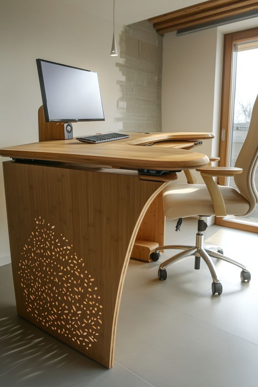 Mobile workspace design. Bamboo desk with beige ergonomic chair.