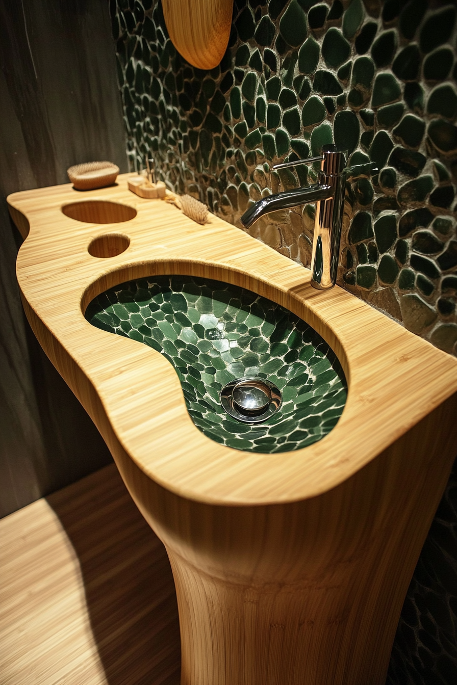 Tiny eco-bathroom concept. Glossy bamboo sink vanity with river rock inclusions.