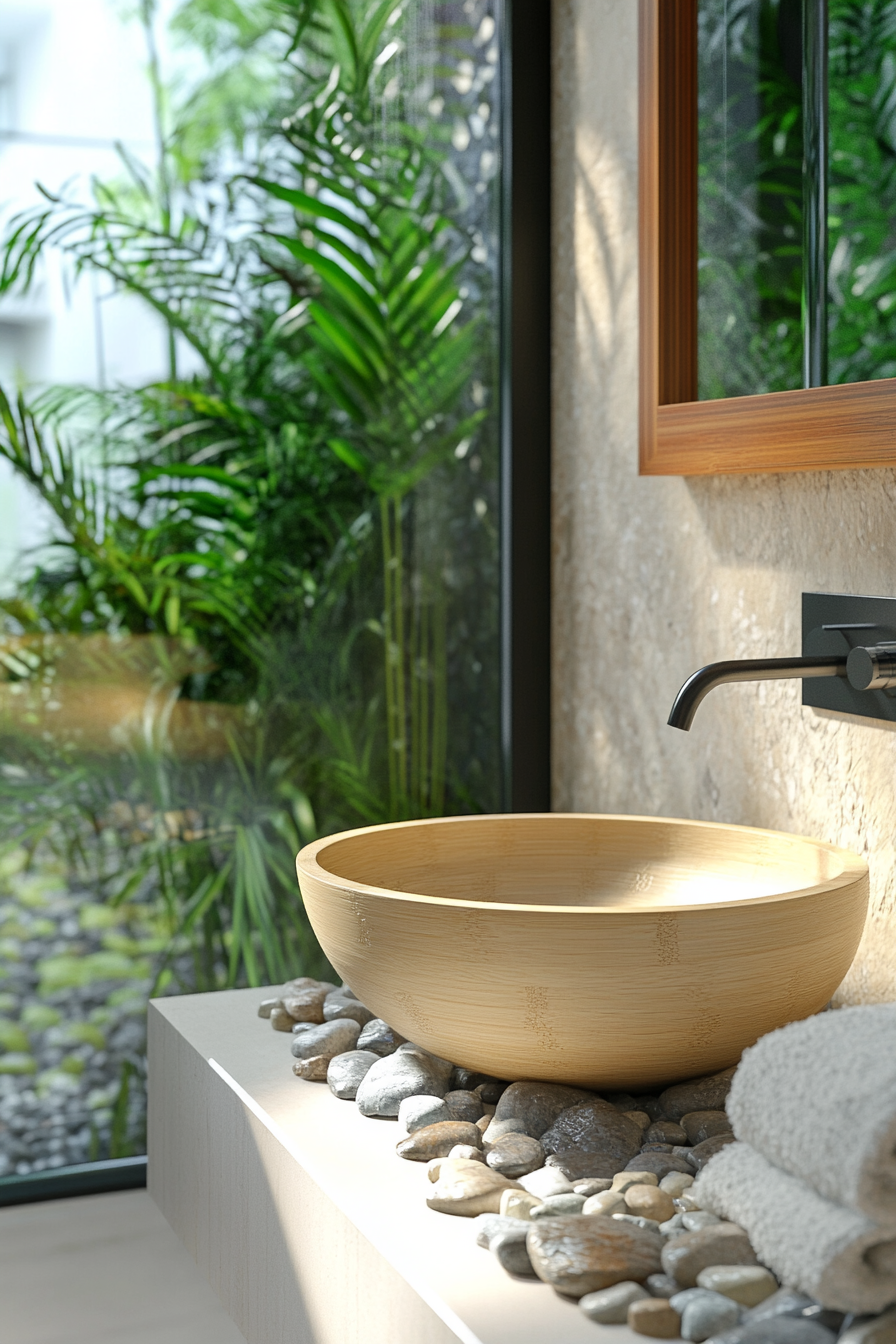 Tiny Eco-Bathroom Concept. Bamboo vessel sink on river rock Surface.