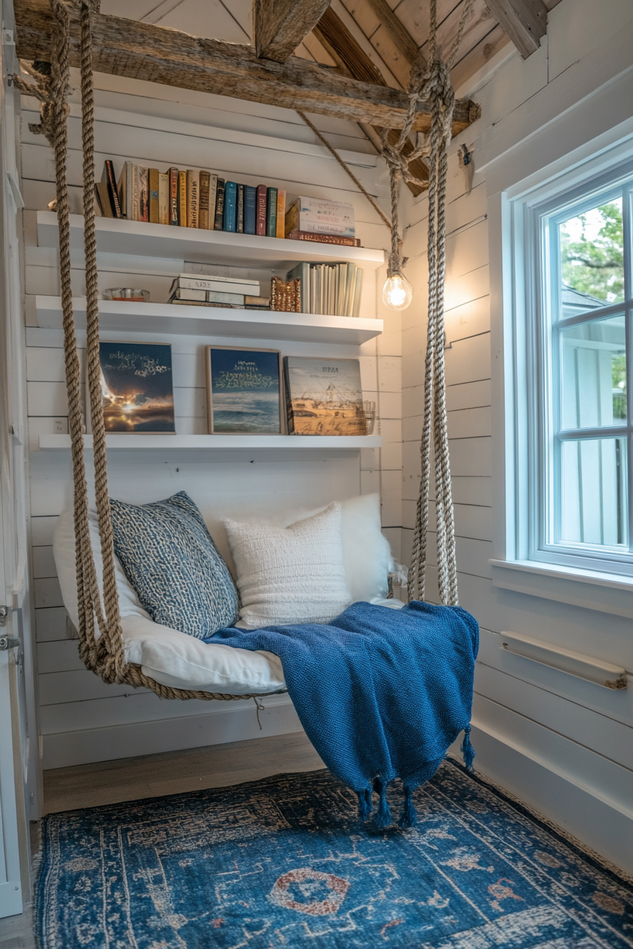 Reading sanctuary. White shelves, blue throw blanket, rope swing chair.