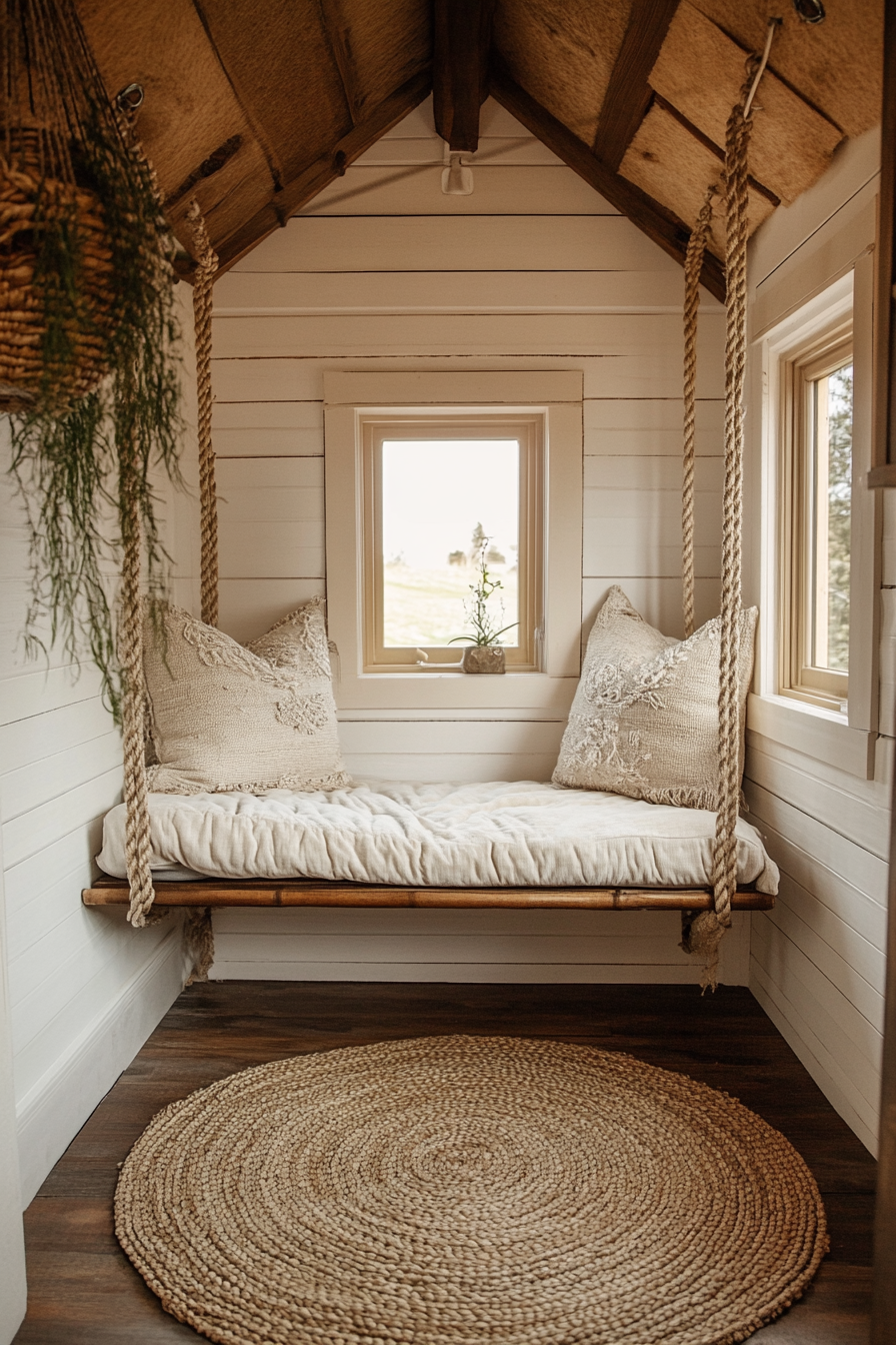 Bohemian tiny home upper level design. Velvet hanging swing seat with rattan floor mat.