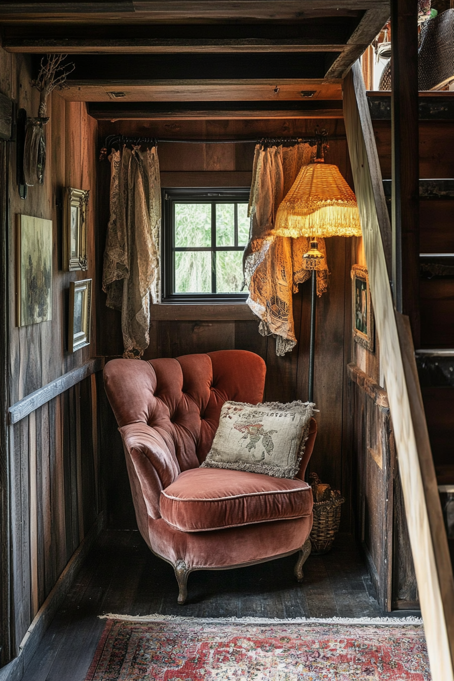 Upper level tiny home design. Antique velvet armchair beneath a rattan pendant lamp.