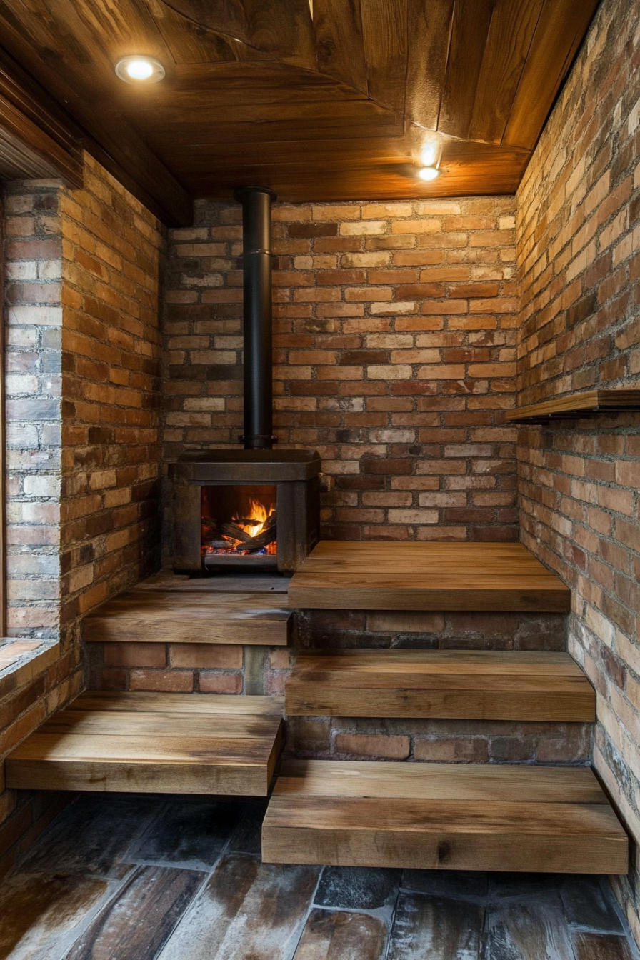 Sauna room design. Brick wood-burning stove with cedar tiered benches.