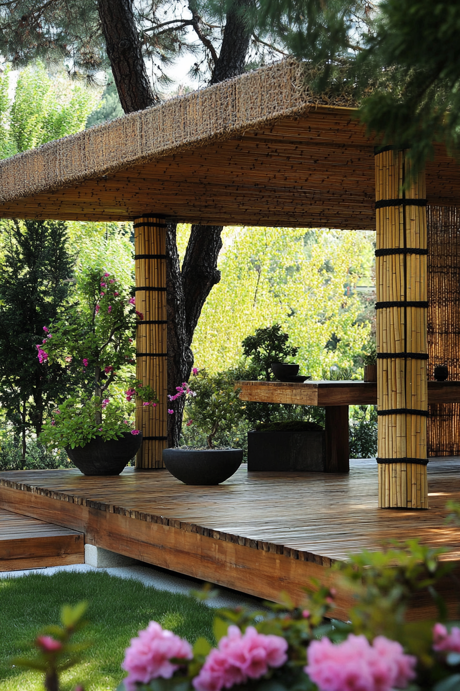 Elevated platform Zen camp. Terrace with bamboo shoji screens, wooden planks, and flowering bonsai.