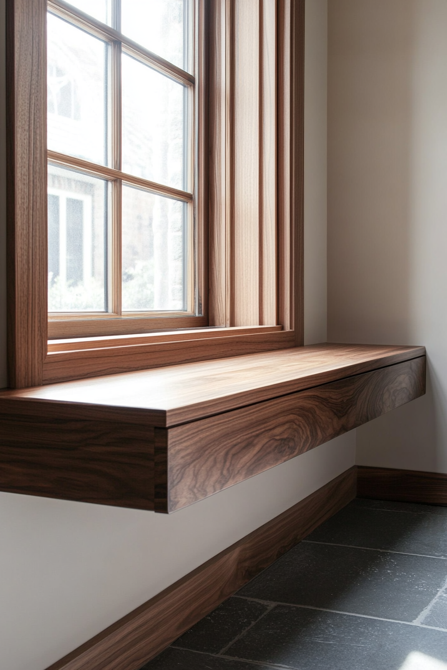 Window alcove concept. Floating bench with under-seat hidden storage in lacquered walnut.