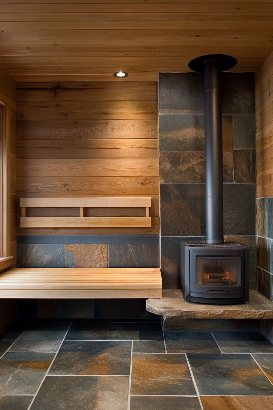 Sauna room design. wood-burning stove against tile walls, cedar tiered bench.