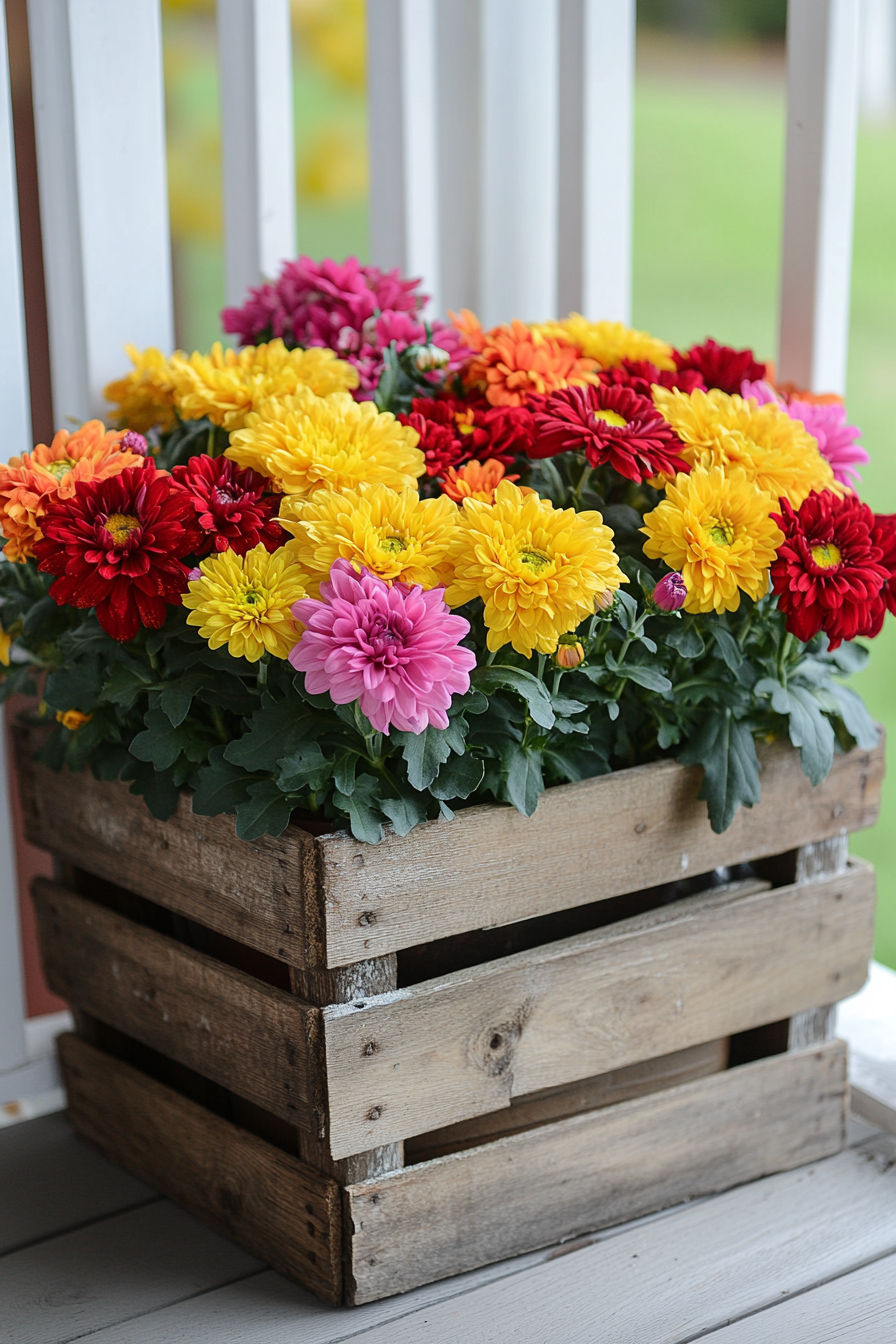 Fall porch. Potted chrysanthemums on a repurposed wooden crate.