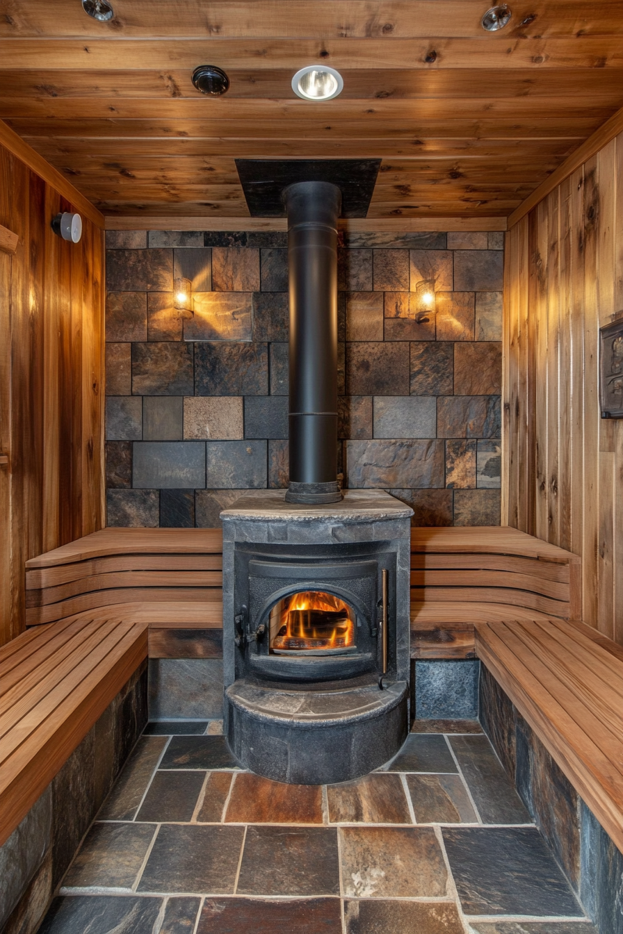 Sauna room design. Cast iron wood-burning stove with red cedar tiered benches.