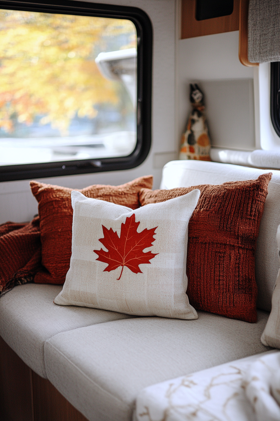 Fall RV decor. Red maple leaf throw pillows on Bauhaus inspired couch.