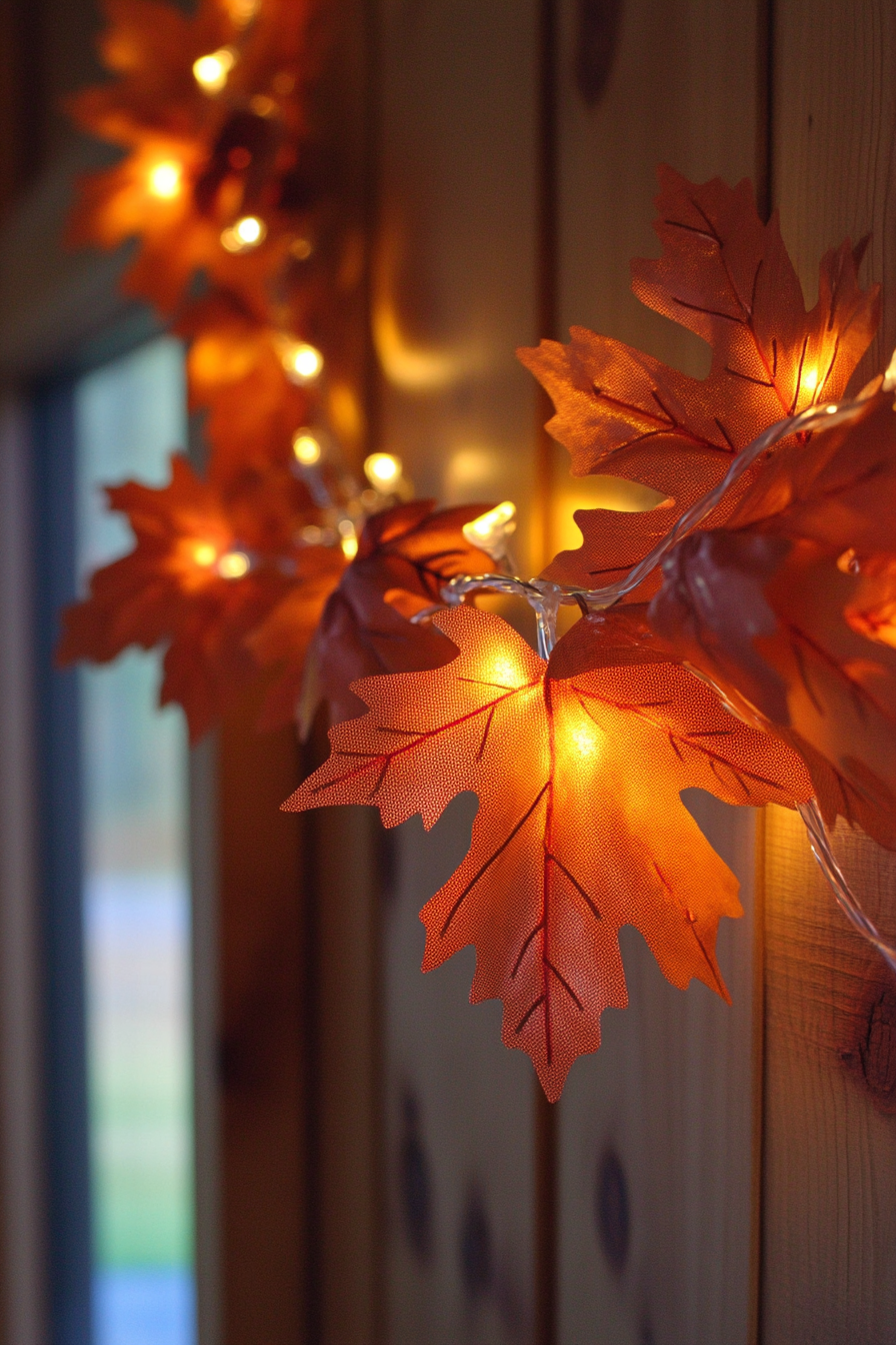 Fall RV decor. Maple leaf garland with flickering led lights.