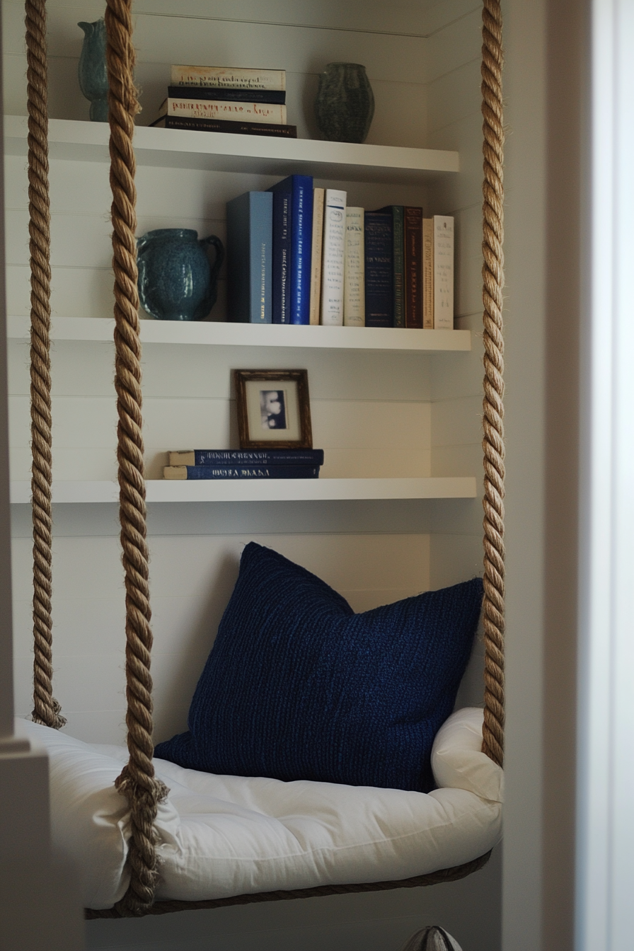 Reading sanctuary. White shelves, blue throw-pillow on rope swing chair.