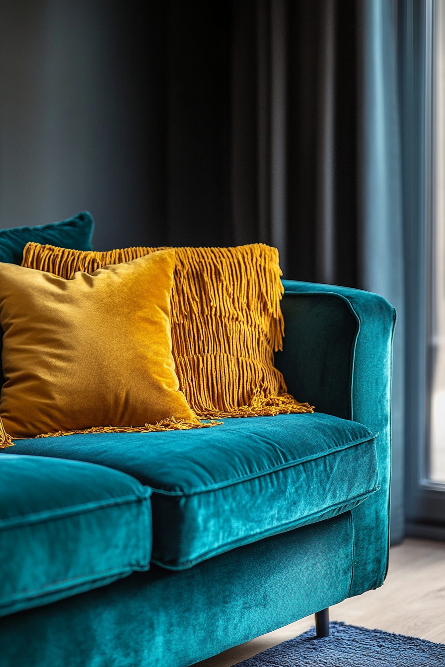 Tiny Home Décor. Bright teal sofa with fringed yellow throw pillows.