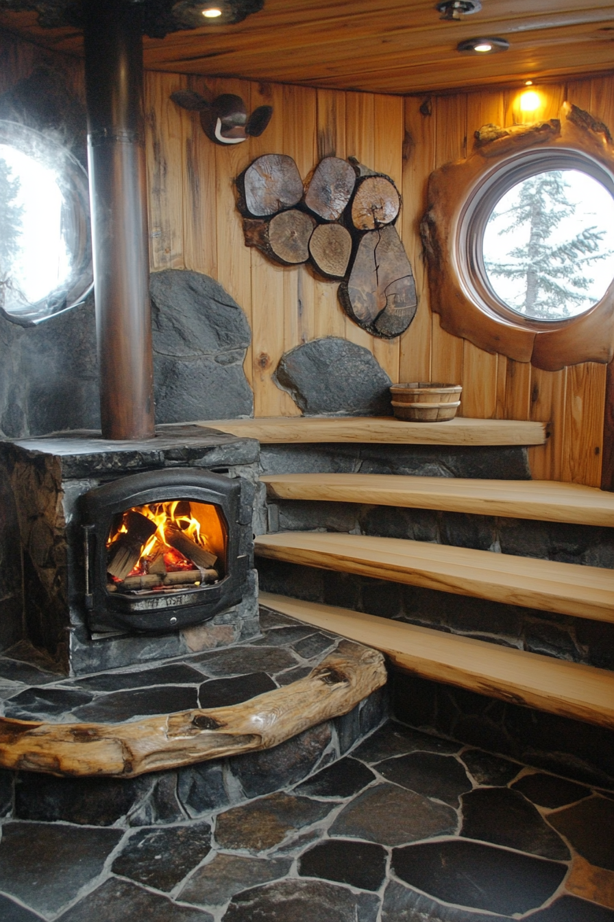 Sauna room design. Wood-burning stove with cedar tiered benches.