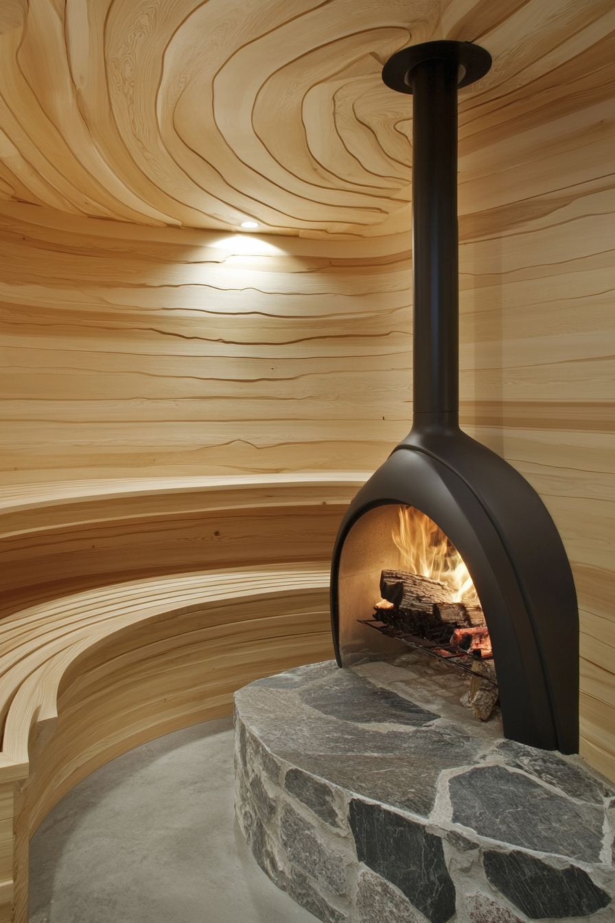 Sauna room design. Modern wood-burning stove with three-tiered cedar benches.