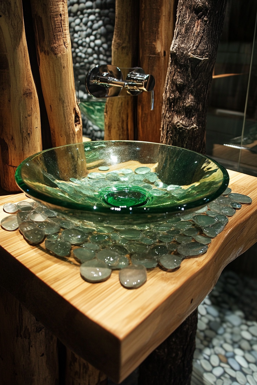 Eco-Bathroom Concept. Green recycled glass sink on bamboo counter with river rock flooring.